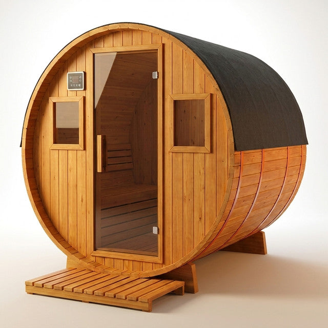 Outdoor Traditional Sauna Designed for 4-6 People, 6KW Heater, Tempered Glass Door, Smart Control System — Studio Shot