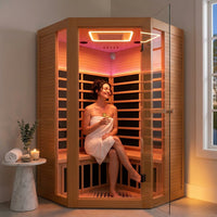 Multifunctional 2-3 Person Infrared Sauna for Home, 2180W Indoor Sauna with 7-Color LED Ambient Light, Red Light Feature, Oxygen Bar, Dual Bluetooth Speakers, 360° Surround Heating — Lifestyle