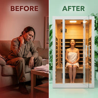 2 Person Extendable FAR Infrared Sauna for Home, Hemlock Wood Low EMF 6 Carbon Heaters Indoor Saunas with LED Lights, Bluetooth Speaker, Digital Control Panel, and Seating Bench — Before & After