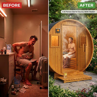 Outdoor Traditional Sauna Designed for 4-6 People, 6KW Heater, Tempered Glass Door, Smart Control System — Before & After