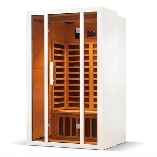 2 Person Extendable FAR Infrared Sauna for Home, Hemlock Wood Low EMF 6 Carbon Heaters Indoor Saunas with LED Lights, Bluetooth Speaker, Digital Control Panel, and Seating Bench — Studio Shot