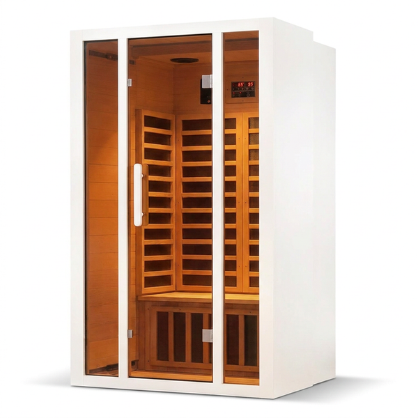 2 Person Extendable FAR Infrared Sauna for Home, Hemlock Wood Low EMF 6 Carbon Heaters Indoor Saunas with LED Lights, Bluetooth Speaker, Digital Control Panel, and Seating Bench — Studio Shot