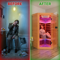 Multifunctional 2-3 Person Infrared Sauna for Home, 2180W Indoor Sauna with 7-Color LED Ambient Light, Red Light Feature, Oxygen Bar, Dual Bluetooth Speakers, 360° Surround Heating — Before & After