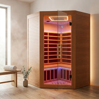 Multifunctional 2-3 Person Infrared Sauna for Home, 2180W Indoor Sauna with 7-Color LED Ambient Light, Red Light Feature, Oxygen Bar, Dual Bluetooth Speakers, 360° Surround Heating — Studio Shot