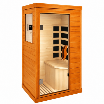 1 Person Far Infrared Sauna for Home, 800W Indoor Personal Sauna with 5 Heating Panels, Bluetooth Speaker, Tempered Glass Door, Control Panel, 110V UL Power Cord (Red-Brown)