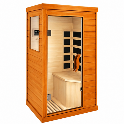 1 Person Far Infrared Sauna for Home, 800W Indoor Personal Sauna with 5 Heating Panels, Bluetooth Speaker, Tempered Glass Door, Control Panel, 110V UL Power Cord (Red-Brown)