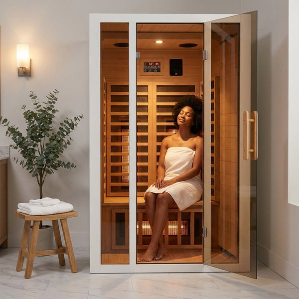 Home Infrared Sauna Built for Daily Wellness, 2 Person Capacity, Hemlock Wood, 6 Carbon Heaters, Low EMF