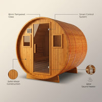 Outdoor Traditional Sauna Designed for 4-6 People, 6KW Heater, Tempered Glass Door, Smart Control System — infographic