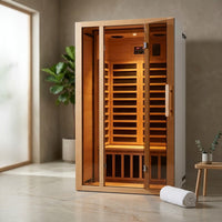 2 Person Extendable FAR Infrared Sauna for Home, Hemlock Wood Low EMF 6 Carbon Heaters Indoor Saunas with LED Lights, Bluetooth Speaker, Digital Control Panel, and Seating Bench — Studio Shot